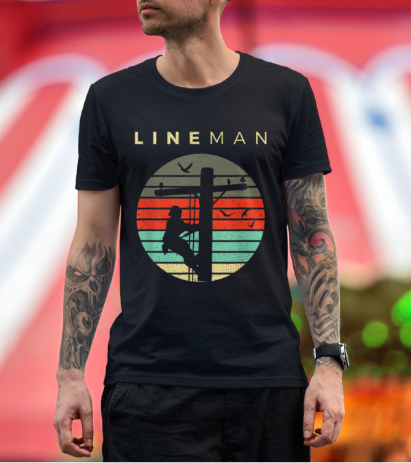 Premium T-Shirt: Lineman Climbing Utility Pole Silhouette with Sunset Stripes and Birds T-Shirt Lineman Climbing Utility Pole Silhouette with Sunset Stripes and Birds T-Shirt