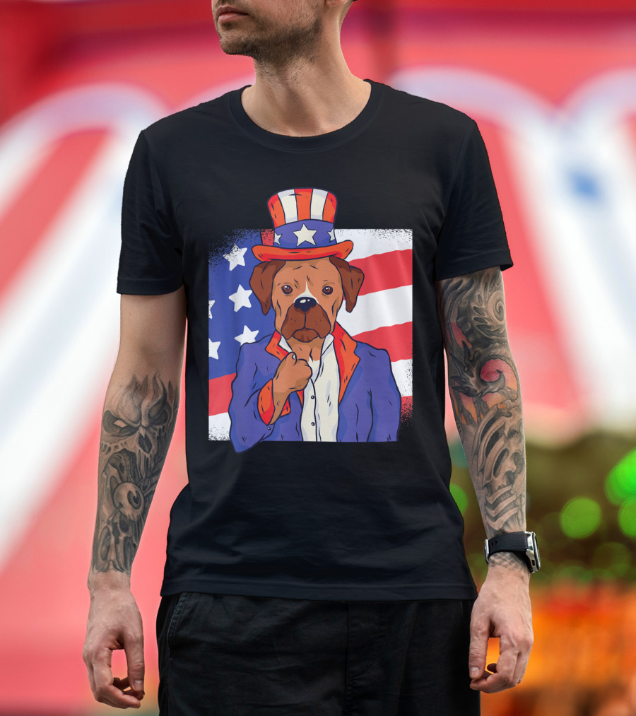 Uncle Sam Inspired Patriotic Boxer Dog with American Flag Background T-Shirt