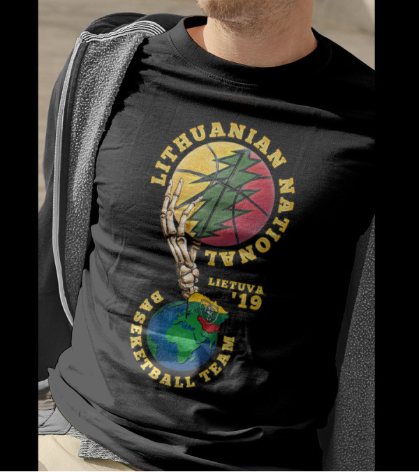 Lithuanian National Basketball Team Lietuva 19 Skeleton Hand And Flag Globe T-Shirt