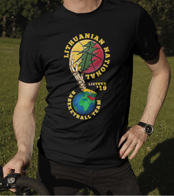 Lithuanian National Basketball Team Lietuva 19 Skeleton Hand And Flag Globe T-Shirt