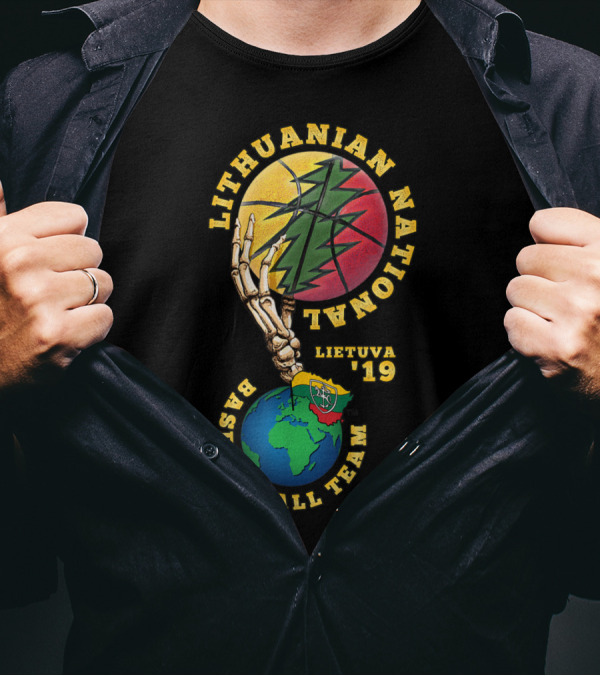 Lithuanian National Basketball Team Lietuva 19 Skeleton Hand And Flag Globe T-Shirt