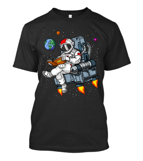 Space Astronaut Reading Book While Floating In Cosmic Galaxy With Planets T-Shirt