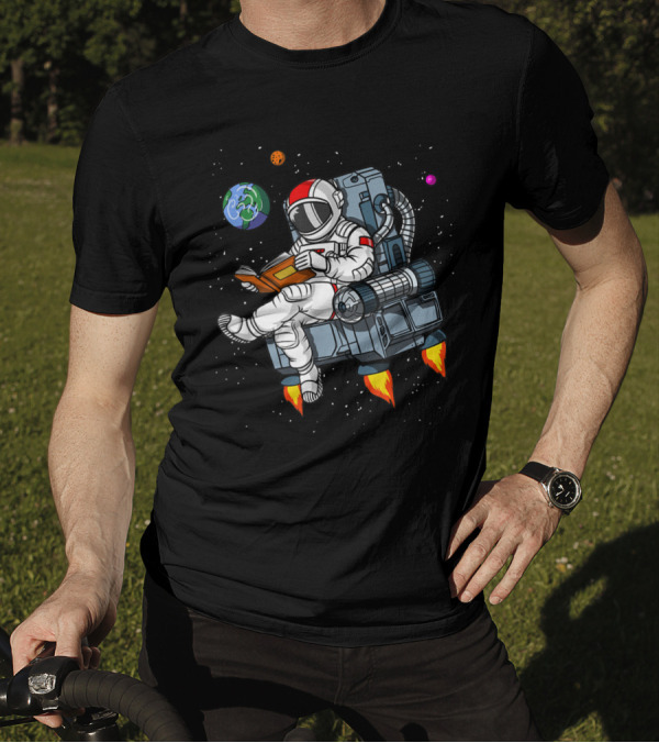 Space Astronaut Reading Book While Floating In Cosmic Galaxy With Planets T-Shirt