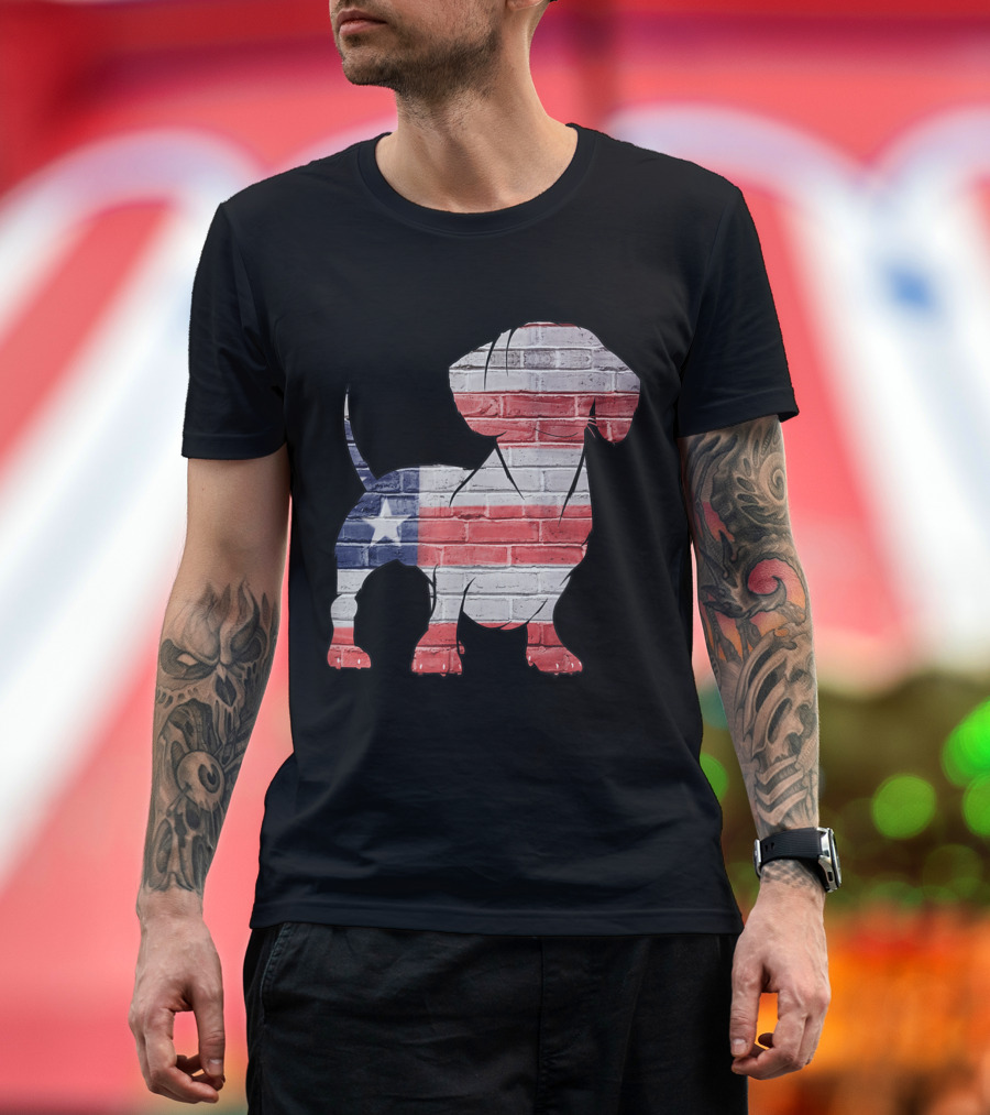 USA Flag Dachshund Silhouette Brick Pattern Patriotic T-Shirt