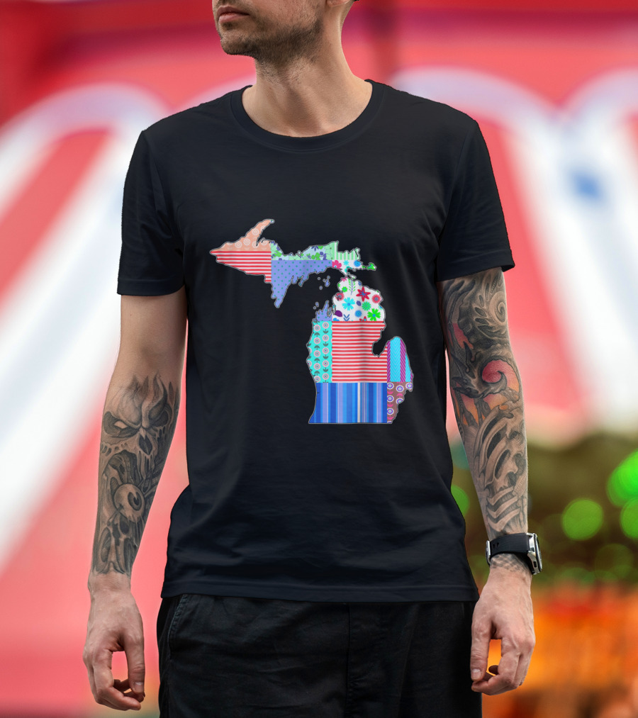 Michigan Patchwork Quilting Design with State Shape and Colorful T-Shirt