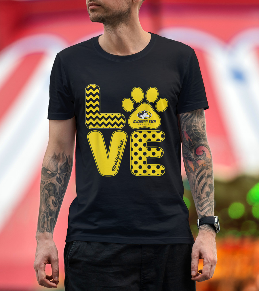 Michigan Tech Huskies Love Paw Logo with Chevron and Polka Dot T-Shirt