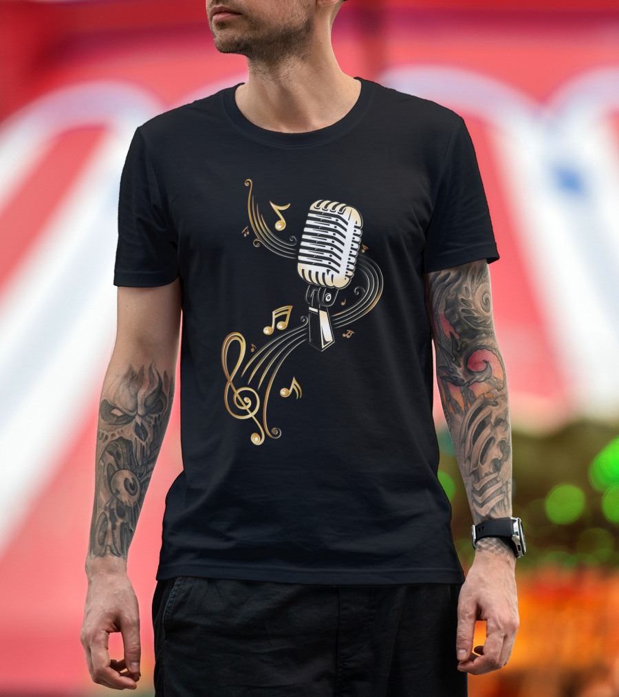 Vintage Microphone with Flowing Music Notes and Treble Clef T-Shirt