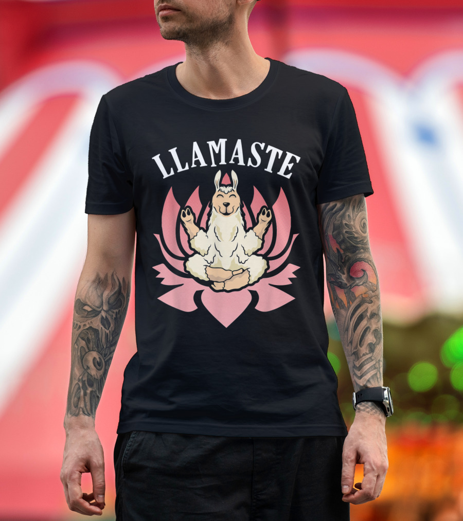 Llamaste Llama Pose with Lotus Flower Background Yoga Meditation T-Shirt