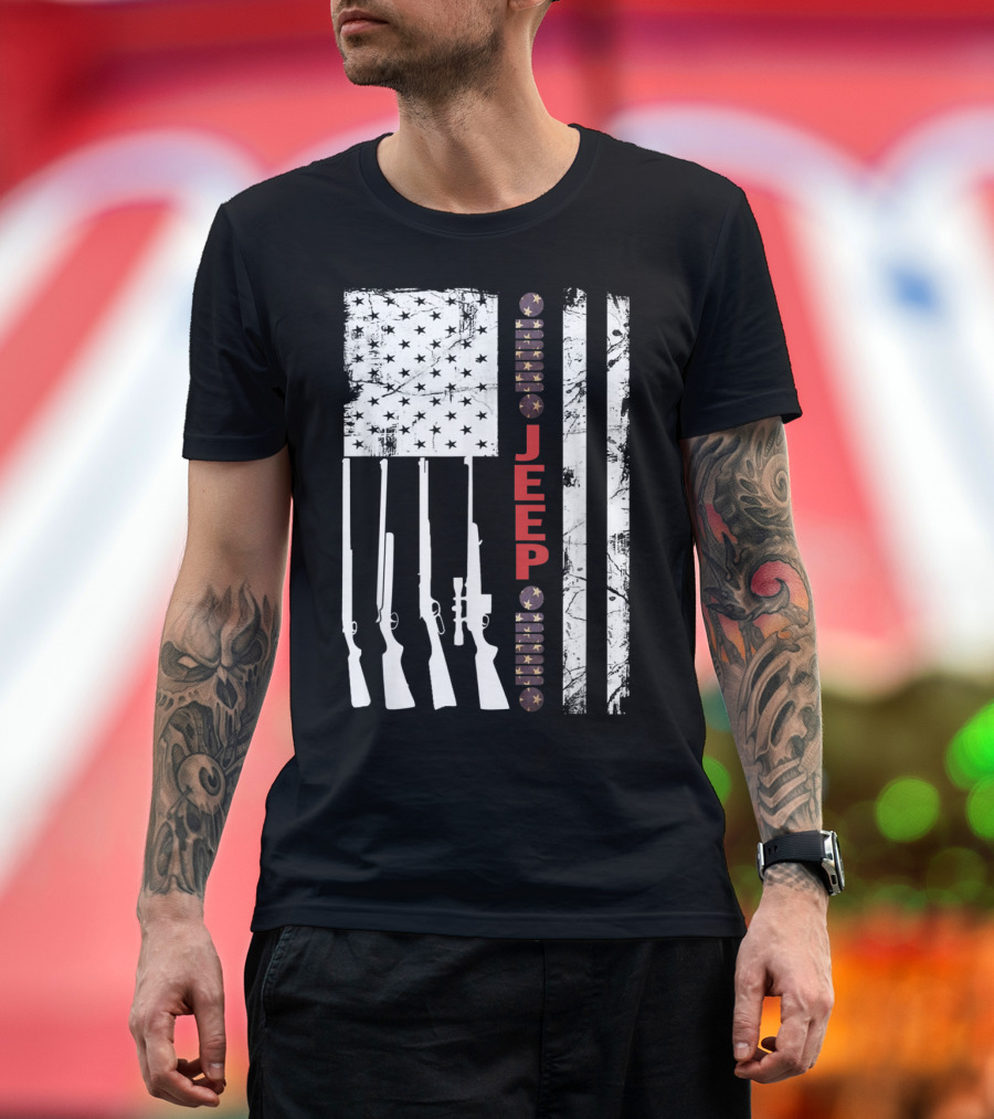 Jeep Hunting Rifles American Flag Patriotic T-Shirt