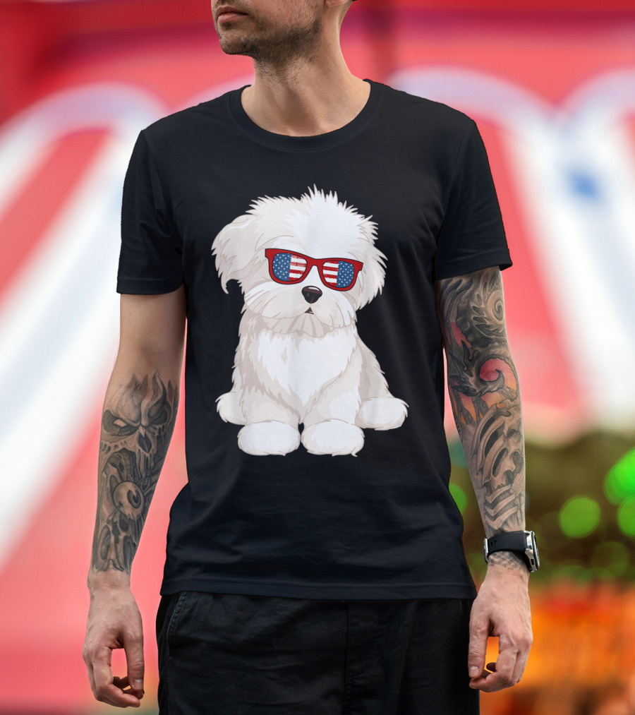 Patriotic Maltese Dog Wearing American Flag Sunglasses T-Shirt