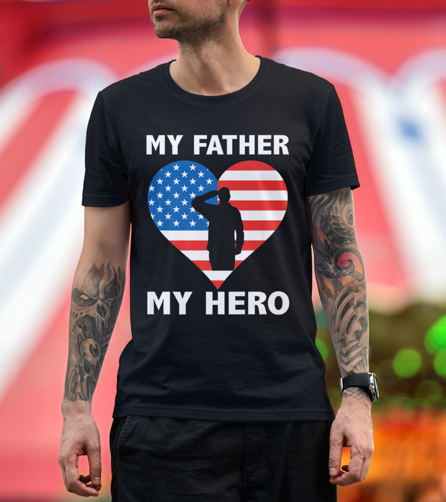 Patriotic My Father My Hero Heart Silhouette with American Flag Elements T-Shirt