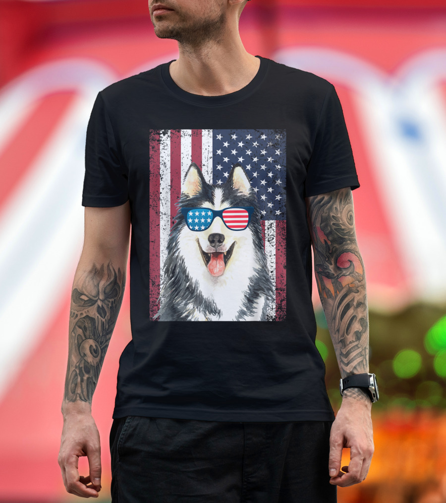 Siberian Husky with American Flag Sunglasses on Distressed Flag Background T-Shirt