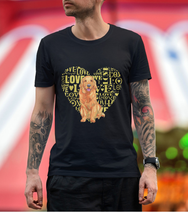 Premium T-Shirt: Golden Retriever Love Heart with Repeated 'Love' Text T-Shirt Golden Retriever Love Heart with Repeated 'Love' Text T-Shirt