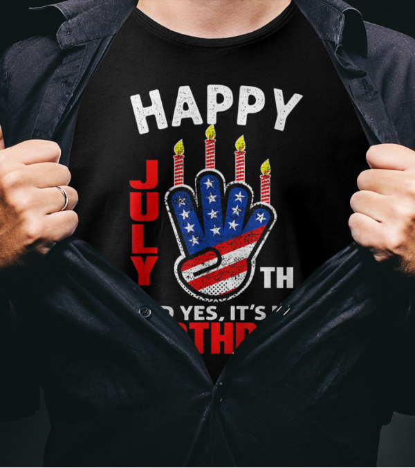 Retro Happy 4th July And Yes It's My Birthday With American Flag Candles T-Shirt