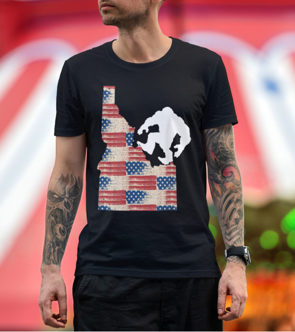 Premium T-Shirt: Idaho Map and Sasquatch Silhouette with American Flag Stripes T-Shirt Idaho Map and Sasquatch Silhouette with American Flag Stripes T-Shirt