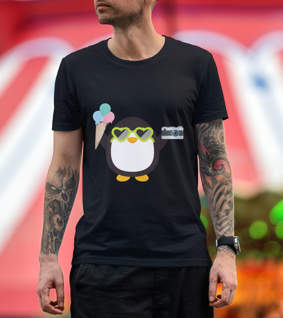 Penguin with Camera and Heart Glasses Holding Ice Cream Cone T-Shirt