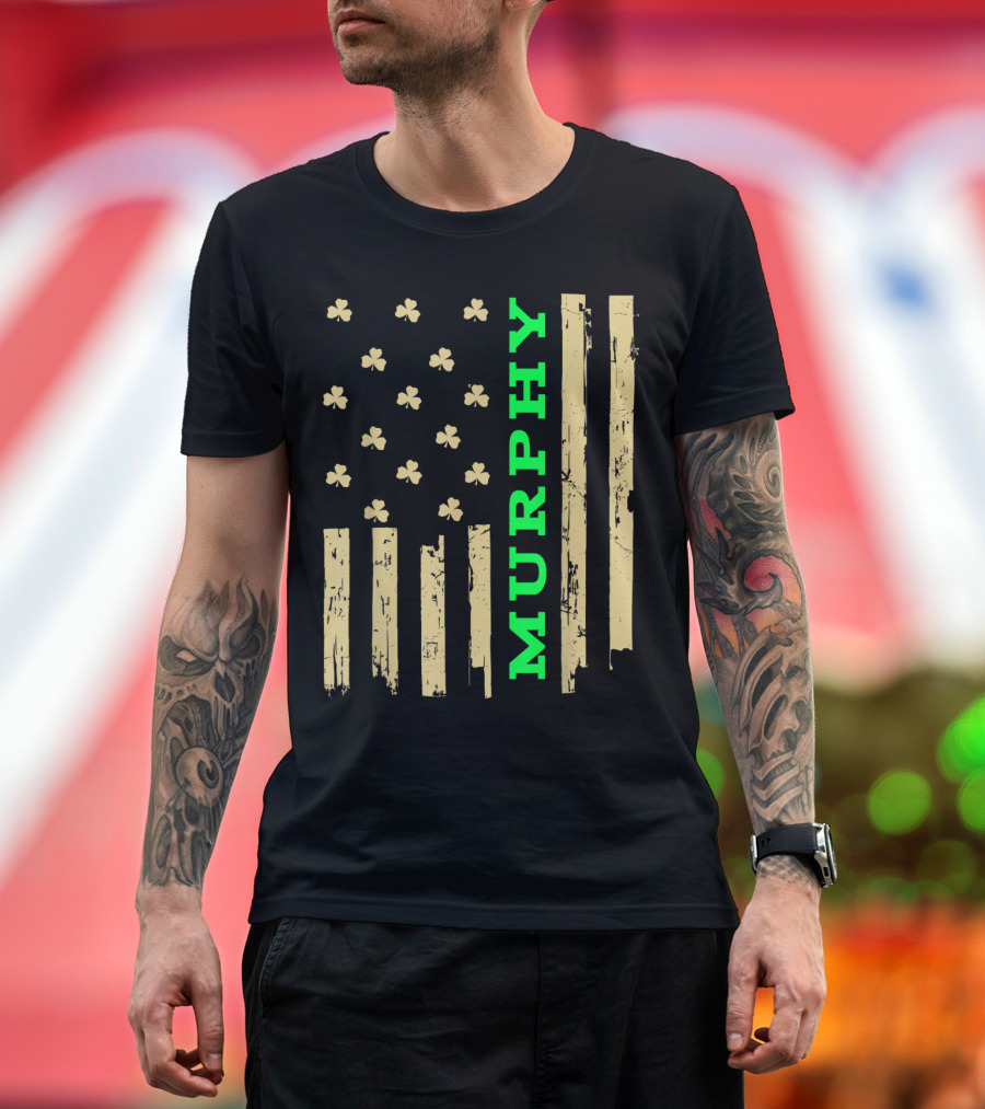 Murphy Green Text Distressed Flag with Shamrock Elements T-Shirt