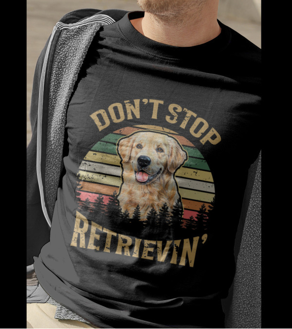 Don't Stop Retrievin' Golden Retriever Vintage Retro Puppy With Stripes And Trees T-Shirt