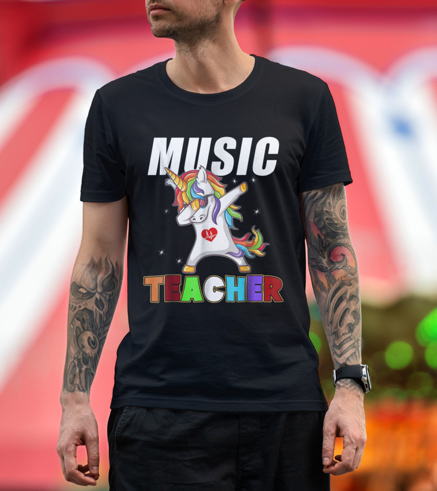 Music Teacher Unicorn Dabbing with Rainbow Mane and Heart Beat T-Shirt