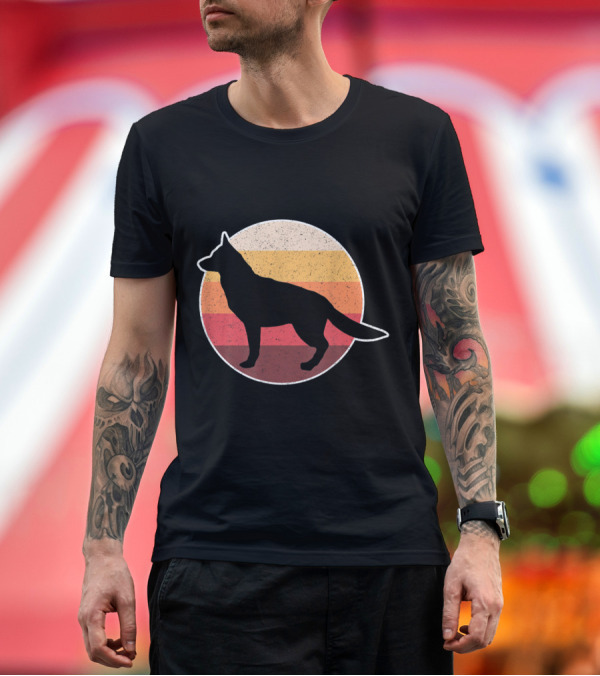 Premium T-Shirt: Retro Vintage German Shepherd Silhouette Striped Circle T-Shirt Retro Vintage German Shepherd Silhouette Striped Circle T-Shirt