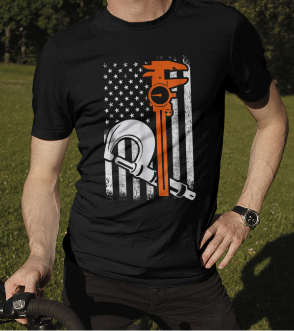 Patriotic Machinist Engineer Wrench American Flag Humor T-Shirt