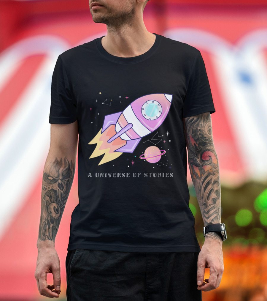 A Universe of Stories Summer Reading Funny Space Librarian Rocket Planet T-Shirt