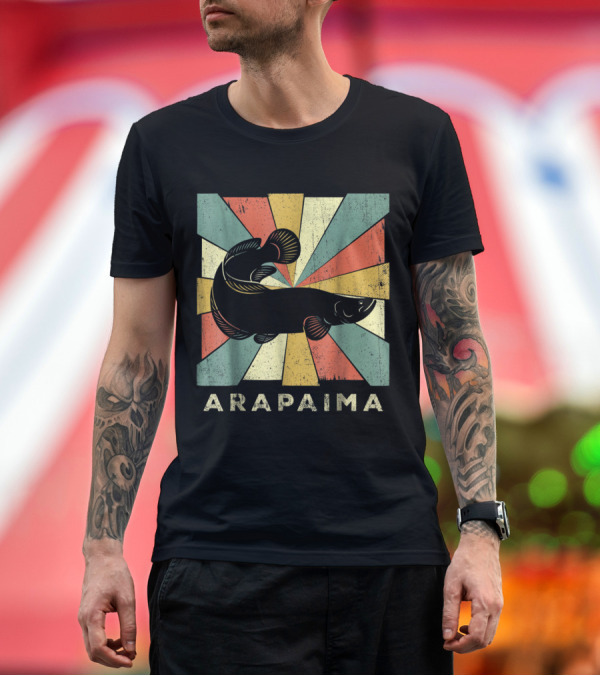 Premium T-Shirt: Vintage Arapaima Fish Lover Retro Style with Colorful Geometric Background T-Shirt Vintage Arapaima Fish Lover Retro Style with Colorful Geometric Background T-Shirt