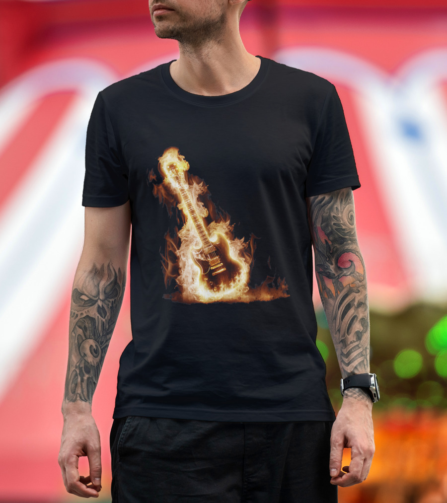 Fiery Electric Guitar Blaze 'Rock Guitar on Fire' T-Shirt