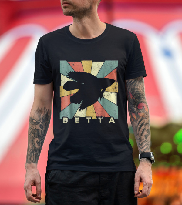 Premium T-Shirt: Retro Betta Fish Silhouette on Distressed Multicolor Sunburst Background T-Shirt Retro Betta Fish Silhouette on Distressed Multicolor Sunburst Background T-Shirt