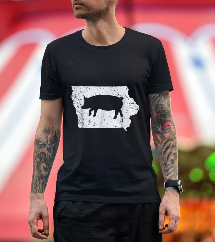 Iowa Pig Silhouette on State Outline - Support Your Local Iowa Hog Farmers T-Shirt