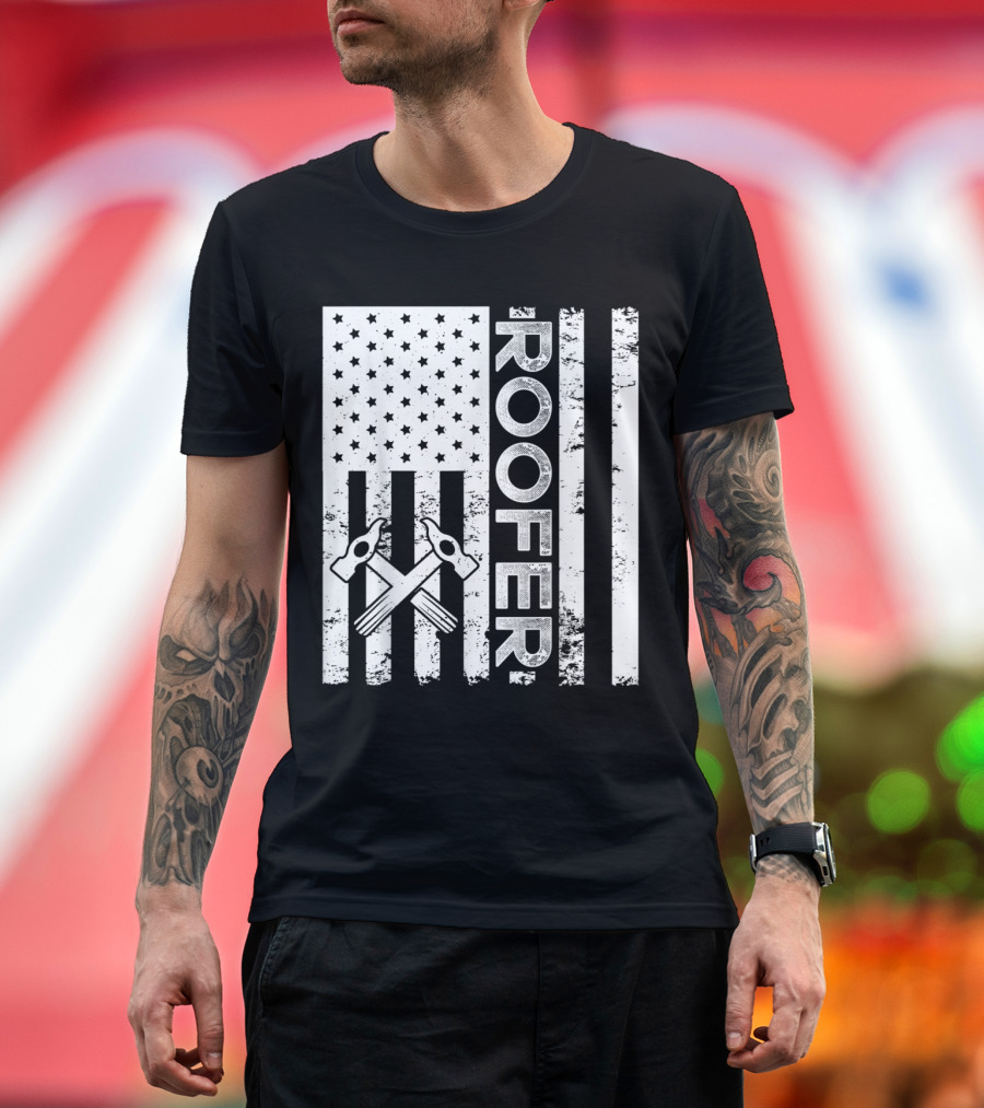 Roofer American Flag with Crossed Hammers T-Shirt