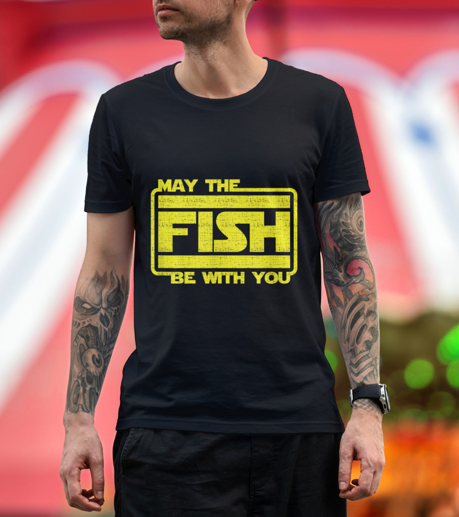 May The Fish Be With You Parody in Bold Yellow Sci-Fi T-Shirt