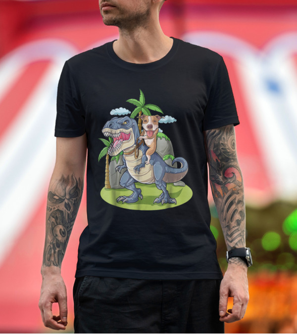 Premium T-Shirt: Pitbull Riding T-Rex Like a Boss with Palm Trees and Clouds T-Shirt Pitbull Riding T-Rex Like a Boss with Palm Trees and Clouds T-Shirt
