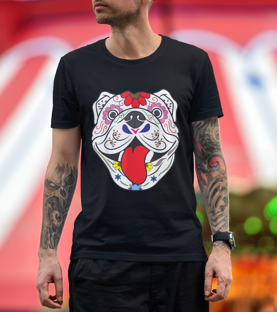 Pitbull Sugar Skull Colorful Floral Dia de los Muertos T-Shirt