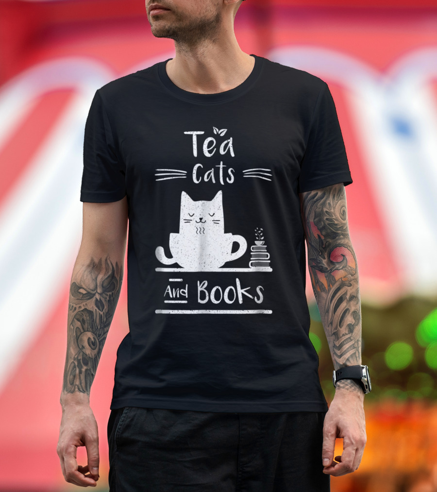 Calm and Cozy Tea Cats Relaxing with Stack of Books T-Shirt