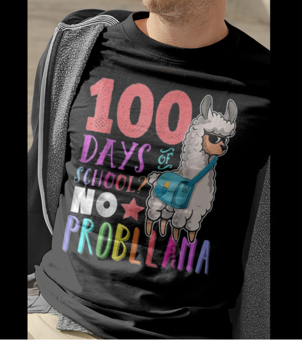 100 Days Of School No Probllama Llama With Colorful Star And Bag T-Shirt