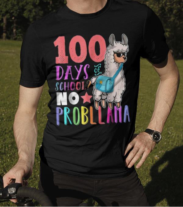 100 Days Of School No Probllama Llama With Colorful Star And Bag T-Shirt