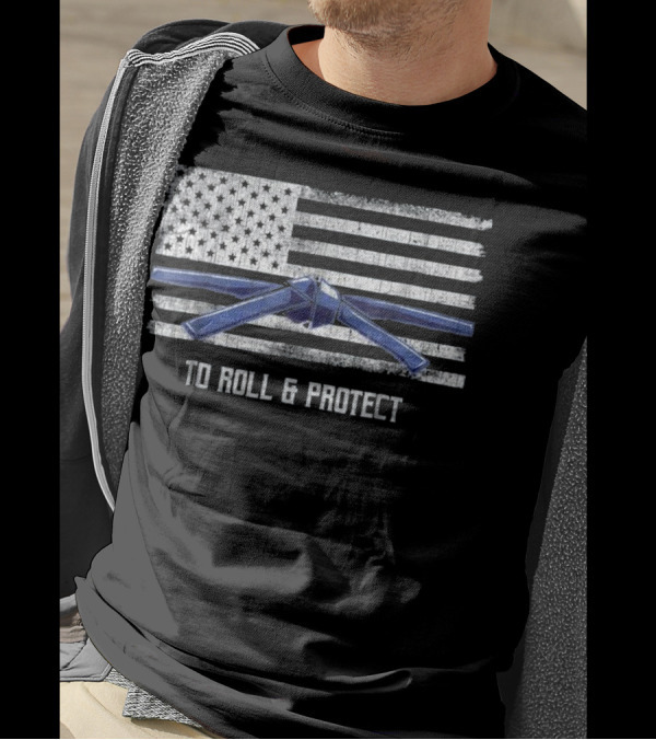 Distressed American Flag With Blue Belt Jiu Jitsu To Roll And Protect T-Shirt