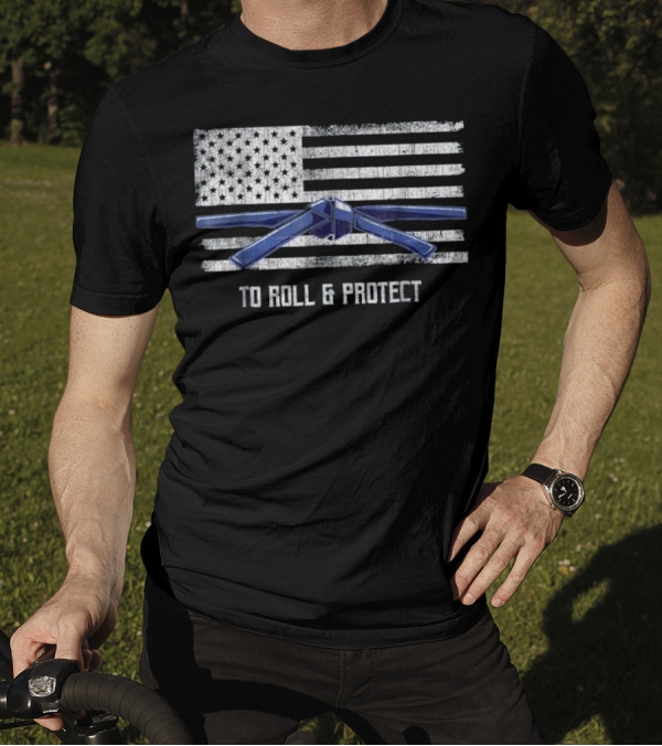 Distressed American Flag With Blue Belt Jiu Jitsu To Roll And Protect T-Shirt