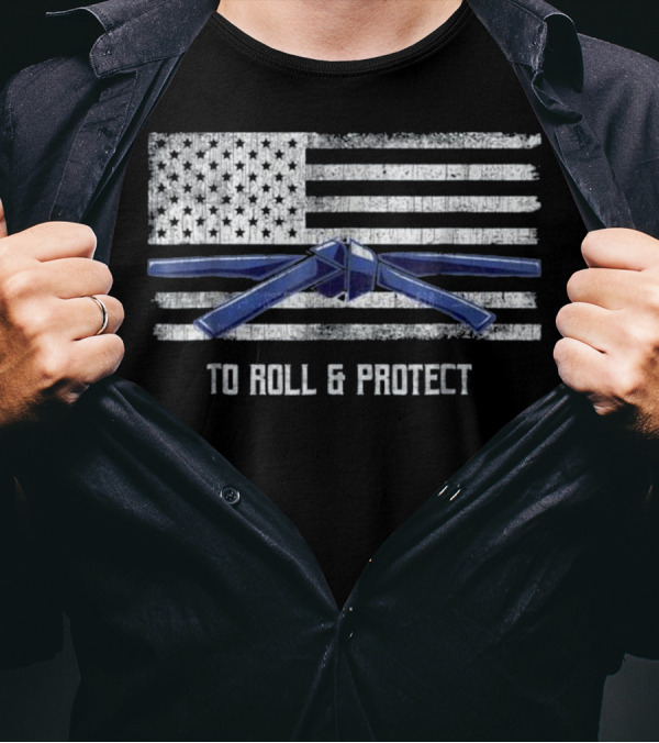 Distressed American Flag With Blue Belt Jiu Jitsu To Roll And Protect T-Shirt