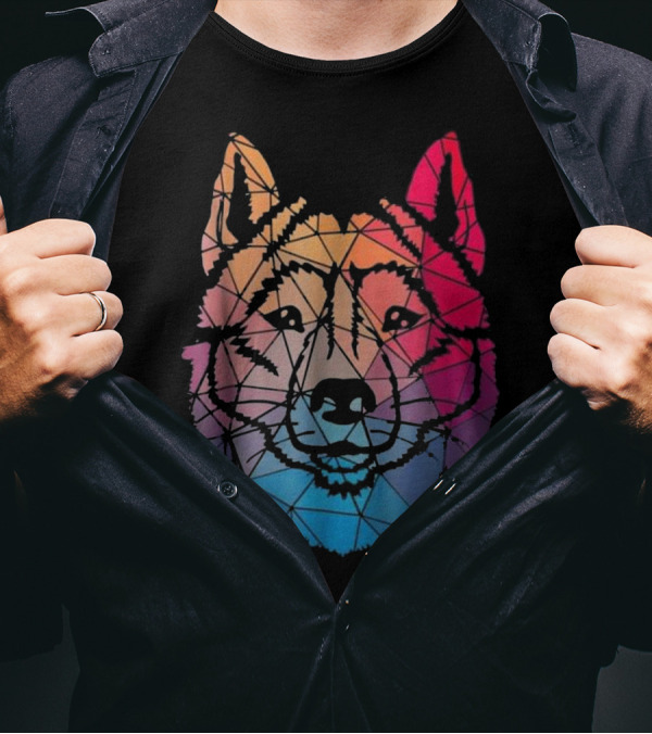 Siberian Husky Rainbow Geometric Pattern T-Shirt