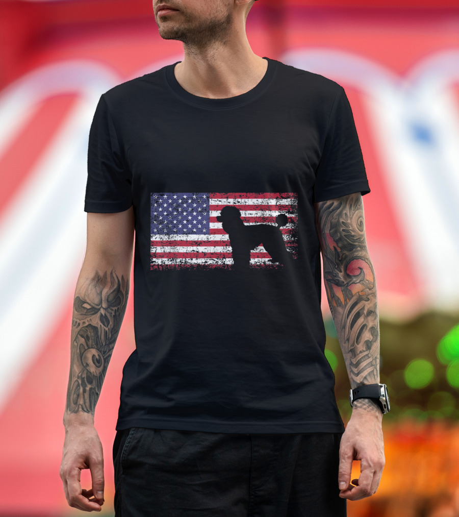 Poodle Silhouette with American Flag I Love My Poodle T-Shirt