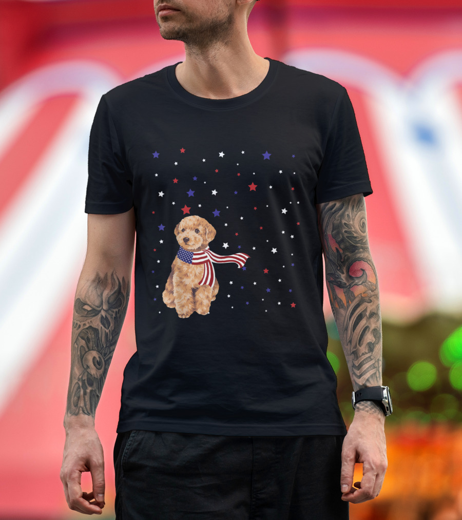 Poodle in American Flag Scarf with Patriotic Stars Background T-Shirt