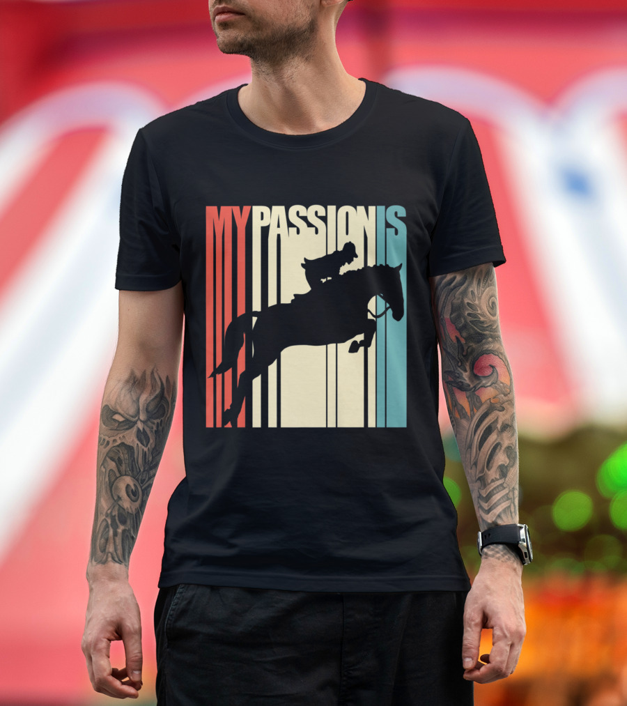 My Passion Is Horse Riding Equest Silhouette on Retro Stripes Background T-Shirt