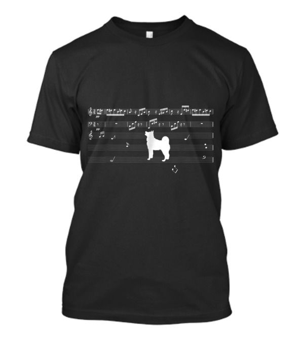 Musical Notes And Treble Clef With Dog Silhouette On Staff Lines T-Shirt