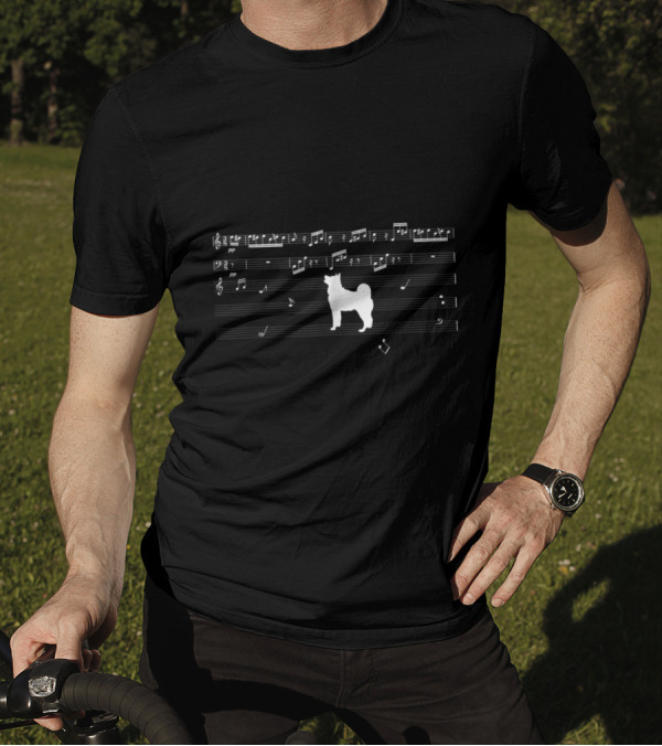 Musical Notes And Treble Clef With Dog Silhouette On Staff Lines T-Shirt