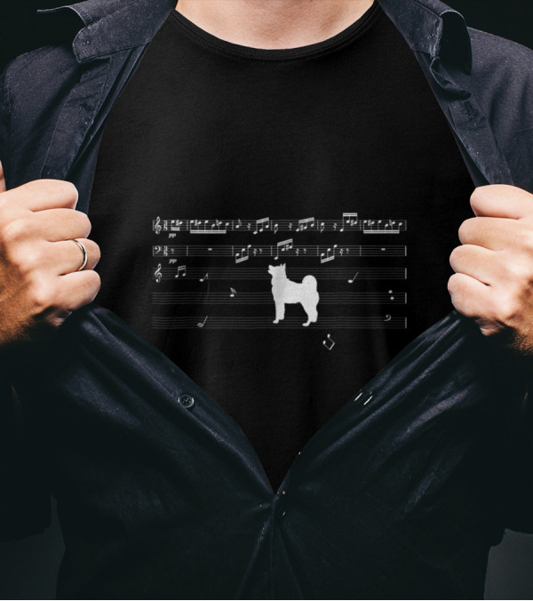 Musical Notes And Treble Clef With Dog Silhouette On Staff Lines T-Shirt