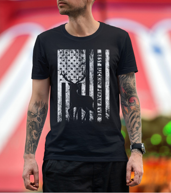 Premium T-Shirt: Best Bucking Pepaw Ever Deer Silhouette with Distressed American Flag Background T-Shirt Best Bucking Pepaw Ever Deer Silhouette with Distressed American Flag Background T-Shirt