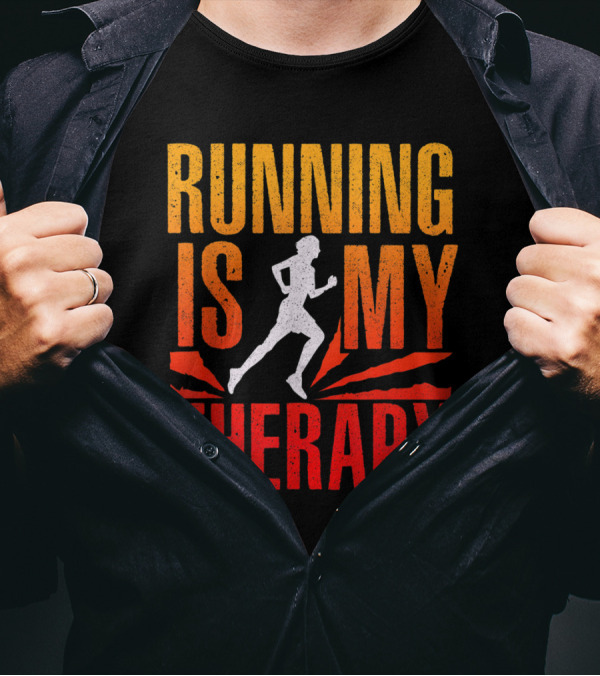 Running Is My Therapy Red And Orange Runner T-Shirt