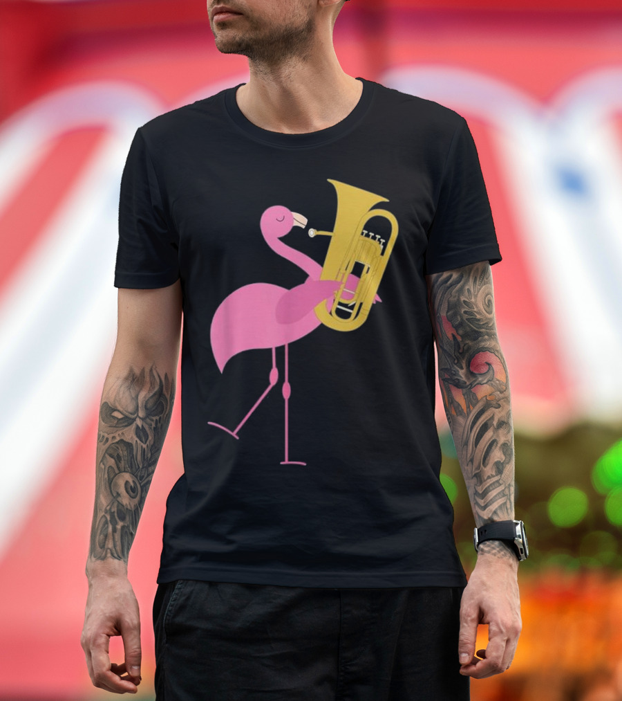 Beautiful Flamingo Playing Tuba Music Iconic Whimsical Animal T-Shirt